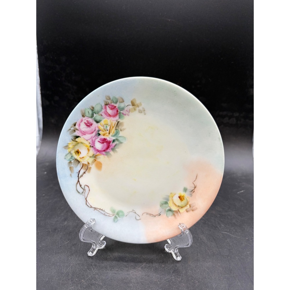 Vintage Bavaria Hand Painted Porcelain Floral Plate Pink Yellow Roses 6.25 Inch